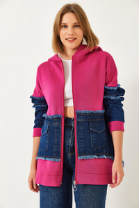 Denim Cep Detaylı Üç İplik Şardonlu Hırka  60351322 - Fuşya