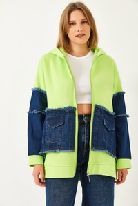 Denim Cep Detaylı Üç İplik Şardonlu Hırka  60351322 - Neon Sarı HIRKA modelleri