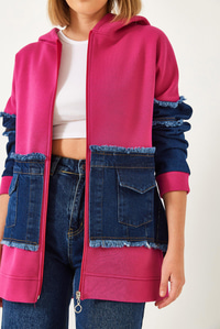 Denim Cep Detaylı Üç İplik Şardonlu Hırka  60351322 - Fuşya