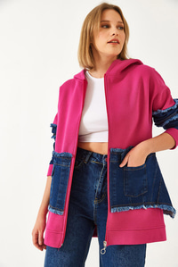 Denim Cep Detaylı Üç İplik Şardonlu Hırka  60351322 - Fuşya