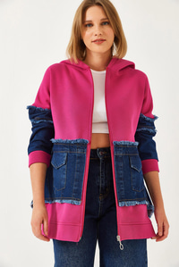 Denim Cep Detaylı Üç İplik Şardonlu Hırka  60351322 - Fuşya
