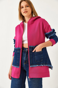 Denim Cep Detaylı Üç İplik Şardonlu Hırka  60351322 - Fuşya