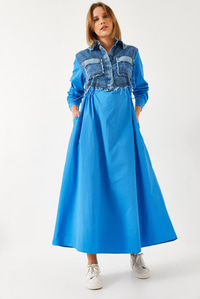 Denim Garnili Uzun Kloş Elbise 60351248 - İndigo