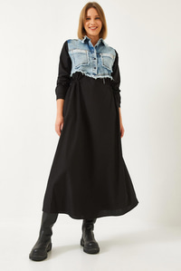 Denim Garnili Uzun Kloş Elbise 60351248 - Mavi-Siyah ELBİSE modelleri