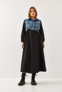 Denim Garnili Uzun Kloş Elbise 60351248 - Siyah