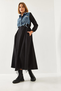 Denim Garnili Uzun Kloş Elbise 60351248 - Siyah