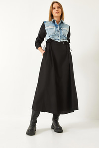 Denim Garnili Uzun Kloş Elbise 60351248 - Mavi-Siyah ELBİSE modelleri