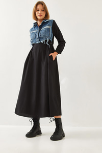 Denim Garnili Uzun Kloş Elbise 60351248 - Siyah