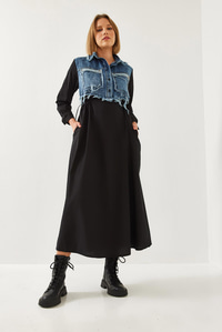 Denim Garnili Uzun Kloş Elbise 60351248 - Siyah