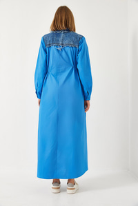 Denim Garnili Uzun Kloş Elbise 60351248 - İndigo