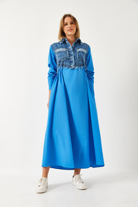 Denim Garnili Uzun Kloş Elbise 60351248 - İndigo