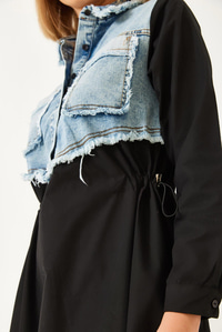 Denim Garnili Uzun Kloş Elbise 60351248 - Mavi-Siyah ELBİSE modelleri