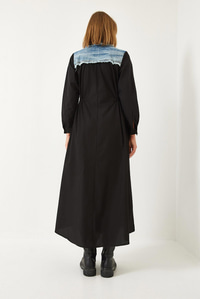 Denim Garnili Uzun Kloş Elbise 60351248 - Mavi-Siyah ELBİSE modelleri