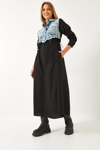 Denim Garnili Uzun Kloş Elbise 60351248 - Mavi-Siyah ELBİSE modelleri