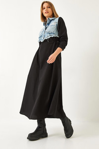 Denim Garnili Uzun Kloş Elbise 60351248 - Mavi-Siyah ELBİSE modelleri