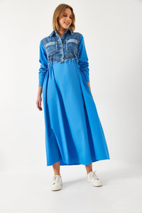 Denim Garnili Uzun Kloş Elbise 60351248 - İndigo