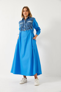 Denim Garnili Uzun Kloş Elbise 60351248 - İndigo