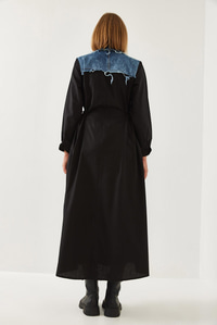 Denim Garnili Uzun Kloş Elbise 60351248 - Siyah
