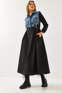 Denim Garnili Uzun Kloş Elbise 60351248 - Siyah