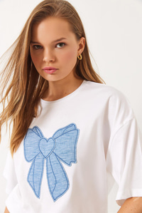 Denim Kurdele Detaylı Bisiklet Yaka Oversize T-Shirt 6004 60283088 - Beyaz