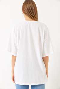 Denim Kurdele Detaylı Bisiklet Yaka Oversize T-Shirt 6004 60283088 - Beyaz