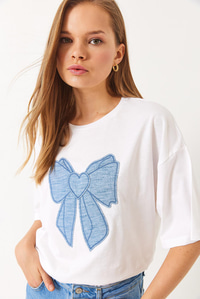 Denim Kurdele Detaylı Bisiklet Yaka Oversize T-Shirt 6004 60283088 - Beyaz