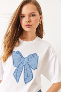 Denim Kurdele Detaylı Bisiklet Yaka Oversize T-Shirt 6004 60283088 - Beyaz