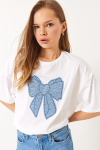 Denim Kurdele Detaylı Bisiklet Yaka Oversize T-Shirt 6004 60283088 - Beyaz