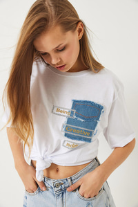Denim Parçalı Payet Detaylı Nakışlı T-Shirt 60261388 - Beyaz
