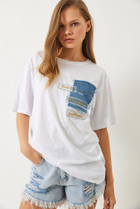 Denim Parçalı Payet Detaylı Nakışlı T-Shirt 60261388 - Beyaz