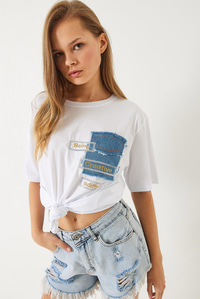 Denim Parçalı Payet Detaylı Nakışlı T-Shirt 60261388 - Beyaz