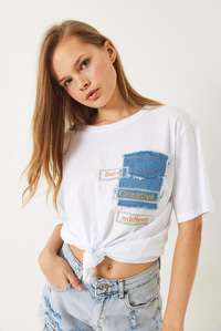 Denim Parçalı Payet Detaylı Nakışlı T-Shirt 60261388 - Beyaz