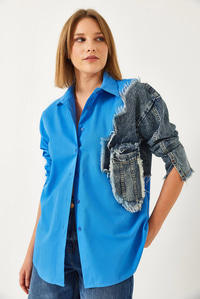 Denim Parçalı Tek Cepli Gömlek 2669 60351324 - Mavi