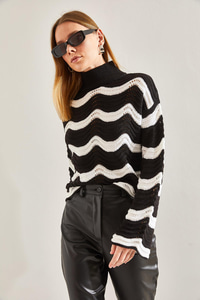 Desenli Ajurlu Triko Kazak - Siyah-Ekru KAZAK modelleri
