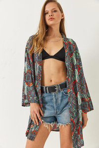 Desenli Kısa Viskon Kimono 60261495 - Çok Renkli