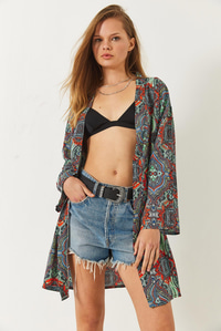 Desenli Kısa Viskon Kimono 60261495 - Çok Renkli