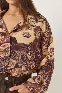 Desenli Oversize Vintage Gömlek 6617 60283056 - Kahverengi-Bej