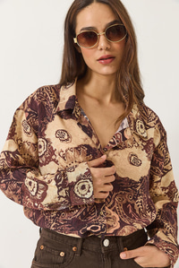 Desenli Oversize Vintage Gömlek 6617 60283056 - Kahverengi-Bej