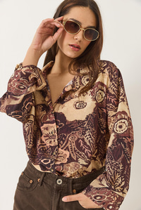 Desenli Oversize Vintage Gömlek 6617 60283056 - Kahverengi-Bej