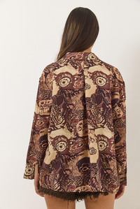 Desenli Oversize Vintage Gömlek 6617 60283056 - Kahverengi-Bej