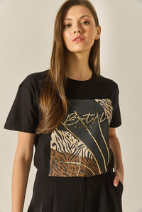 Desenli Taş İşlemeli Normal Kalıp Pamuklu T-Shirt 8125 60283304 - Siyah