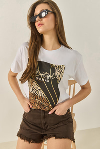 Desenli Taş İşlemeli Normal Kalıp Pamuklu T-Shirt 8125 60283304 - Beyaz