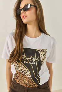 Desenli Taş İşlemeli Normal Kalıp Pamuklu T-Shirt 8125 60283304 - Beyaz