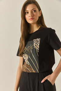 Desenli Taş İşlemeli Normal Kalıp Pamuklu T-Shirt 8125 60283304 - Siyah