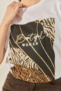 Desenli Taş İşlemeli Normal Kalıp Pamuklu T-Shirt 8125 60283304 - Beyaz