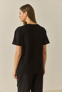 Desenli Taş İşlemeli Normal Kalıp Pamuklu T-Shirt 8125 60283304 - Siyah