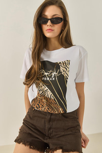 Desenli Taş İşlemeli Normal Kalıp Pamuklu T-Shirt 8125 60283304 - Beyaz