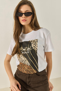 Desenli Taş İşlemeli Normal Kalıp Pamuklu T-Shirt 8125 60283304 - Beyaz