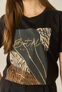 Desenli Taş İşlemeli Normal Kalıp Pamuklu T-Shirt 8125 60283304 - Siyah