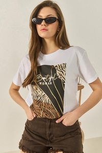 Desenli Taş İşlemeli Normal Kalıp Pamuklu T-Shirt 8125 60283304 - Beyaz